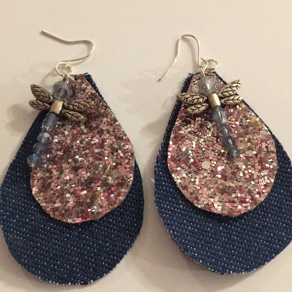 Denim Teardrop Earrings with Dragonfly Charm (N)
